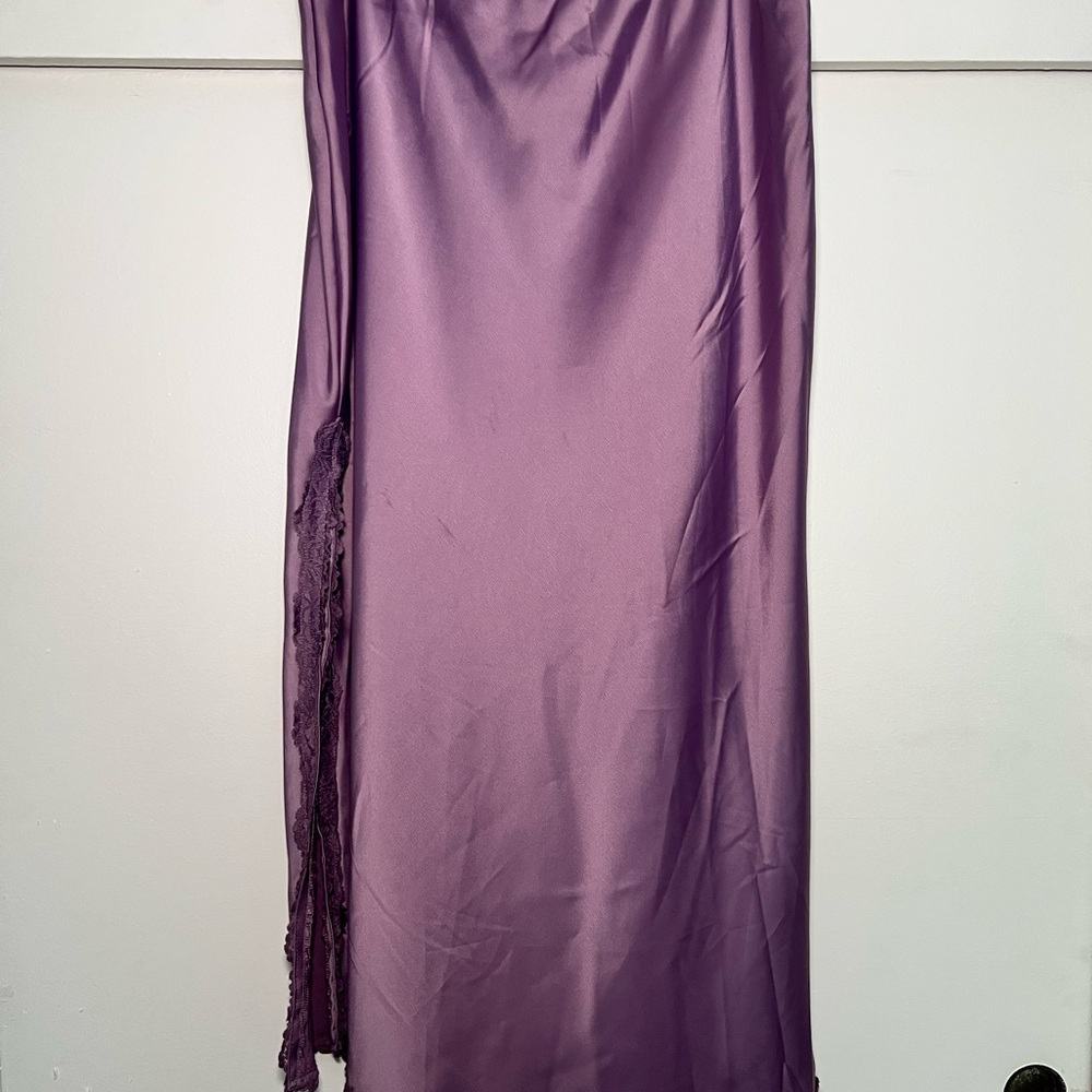 Purple Satin Slip Skirt With Lace Trim Slit
